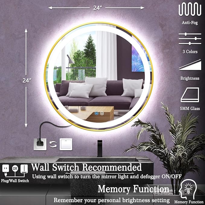 24 Inch Gold Frame LED Round Mirror with Lights Smart Memory 3 Color Dimmable Anti-Fog Gold Framed Round Lighted Mirrors for Bathroom Wall Makeup Golden Circle Round Vanity Mirror with Light