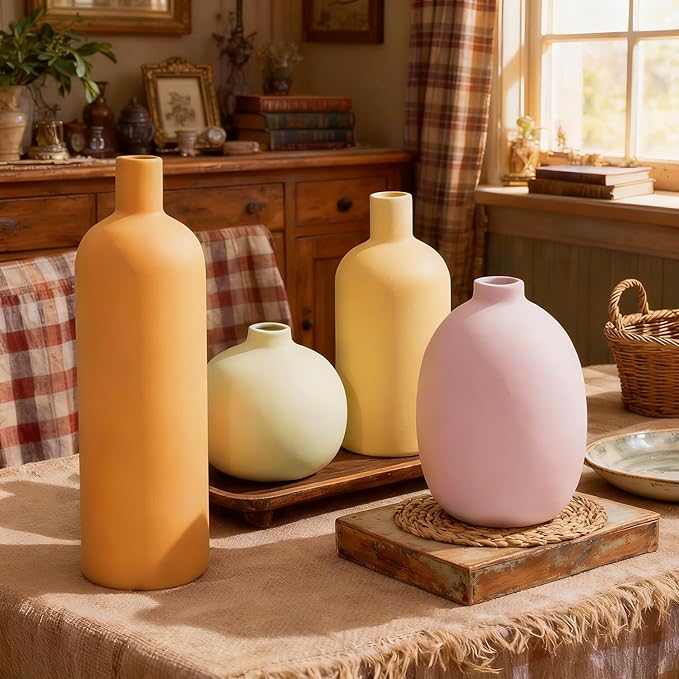 Macaron Ceramic Vase Set of 4, Modern Colors Home Decor, Rustic Farmhouse Decorative Flowers Vases for Bouquet, Pampas | Table Mantel Centerpiece Bookshelf Living Room Bedroom (Rustic Mix Set of 4)