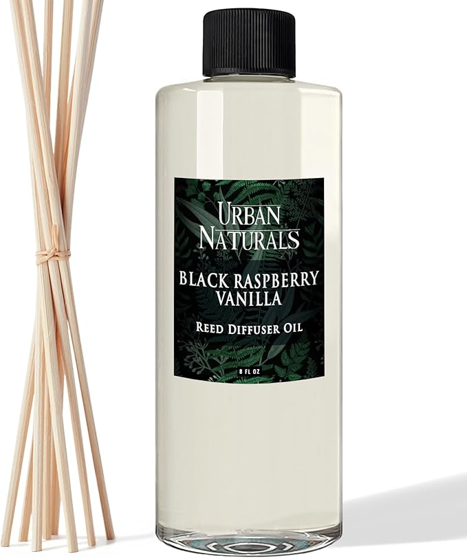 Urban Naturals Reed Diffuser Oil Refill Black Raspberry Vanilla with BlackBerry, Raspberry, Vanilla Orchid, Amber, Sandalwood 8 oz + Free Reed Sticks, Made in the USA