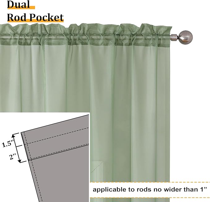 Aiyufeng Sage Green Sheer Curtains 63 inch Length 2 Panels Set for Farmhouse Kitchen Room, Elegant Light Filtering Voile Window Treatments, Each is 40W x 63L Inches