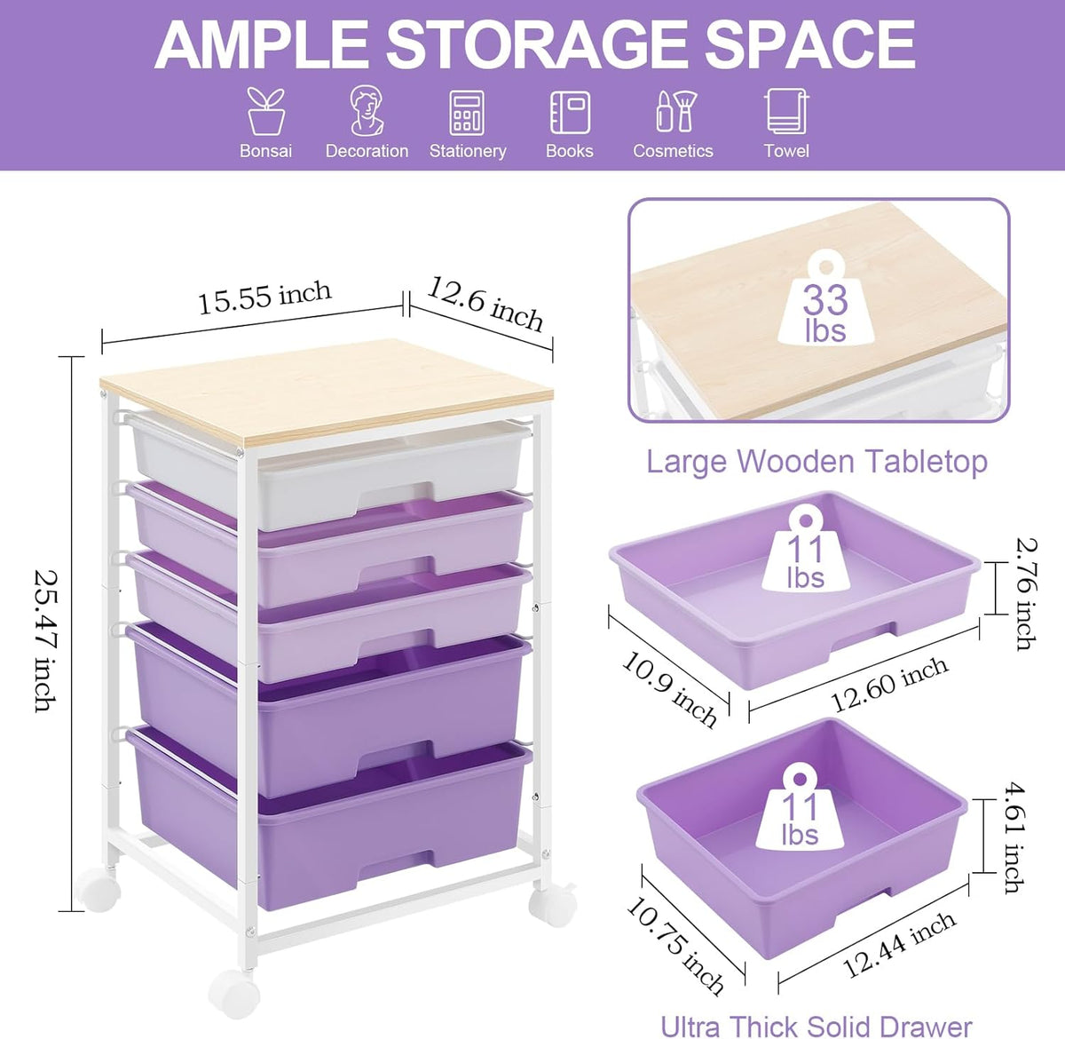 Utility Cart with 5 Drawers,Storage Drawer Cart with Wooden Tabletop and Lockable Wheels,Craft Storage Trolley Cart,5-Tier Rolling Utility Cart on Wheels,Purple