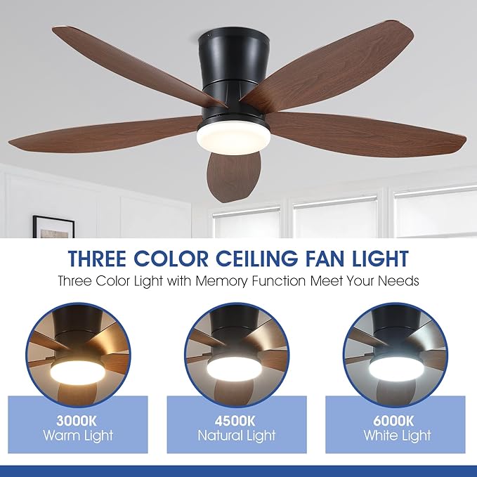 Ceiling Fans with Lights-48 Low Profile Ceiling Fan with Light and Remote/APP Control,Flush Mount,DC Reversible,LED Dimmable Modern Ceiling Fans for Bedroom,Indoor/Outdoor Patio Use(Brown)