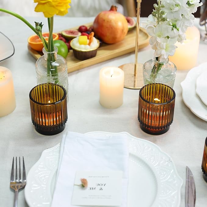 DEVI 8pcs Ribbed Amber Votive Candle Holder for Boho Wedding Decor, Amber Glass Candle Holder for Tea Lights, Vintage Boho Party Home able Decorations, Boho Fall Centerpiece Table Decorations,