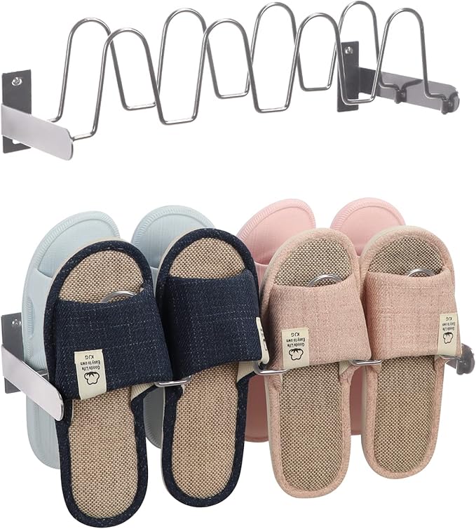 Lavezee Wall Hanging Shoe Rack Organizer 8 Pairs Sandals Slippers, Set of 2 Silver Metal Mounted Shoe Storage Holder for Wall, Entryway, Bathroom