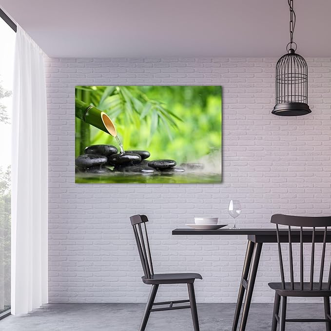 Zen Wall Art Decor, Modern Bathroom Zen Decor Wall Art, Canvas Wall Art for Spa Zen Room Decor, Green Bamboo Forest and Black Pebble Relaxing Art Prints for Office & Spa Wall Decor 24x36 Inches