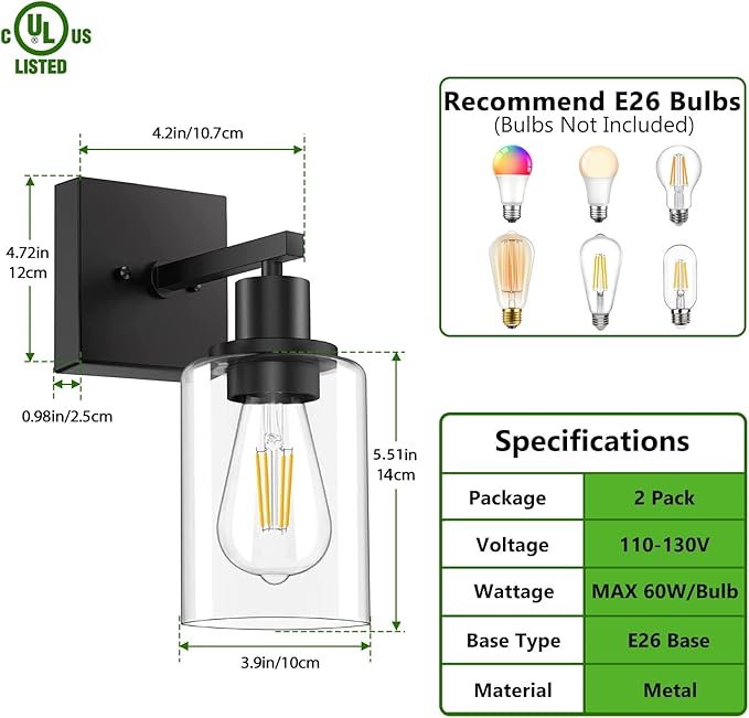 Licperron Black Vanity Wall Sconces Set of Two, Modern Sconces Wall Lighting Fixture with Clear Glass Shade for Bathroom, Industrial Metal Wall Mount Lamp for Bedroom Mirror Living Room