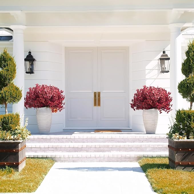 16 Bundles Artificial Boxwood Flowers Outdoor UV Resistant, 13.5" Fall Faux Greenery for Porch Planters Thanksgiving Decor - Fake Plants for Garden, Fireplace, Front Door(Wine Red)