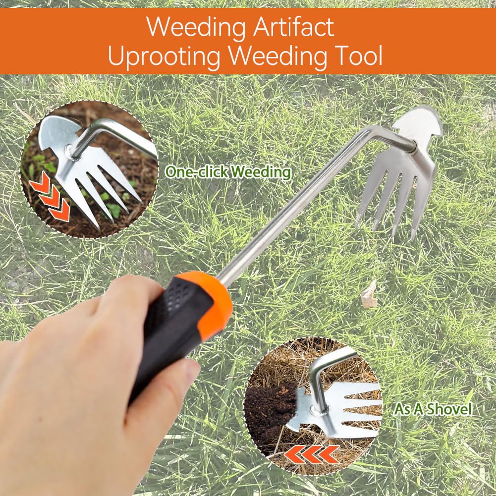 Weed Puller Tool Garden Weed Pulling Tool, 2025 New Durable Garden Weed Pulling Tool, Portable Garden Weeder Tool for Vegetable Gardening, 4 Teeth Manganese Steel Forged Hand Weeder(Orange)