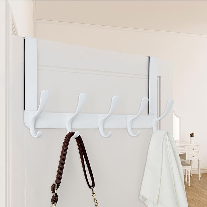 WEBI Over The Door Hook 5 Coat Hooks,Over The Door Towel Rack,Door Hanger Coat Rack Towel Hanger for Hanging Coats,Clothes,Bathroom,White,2 Packs