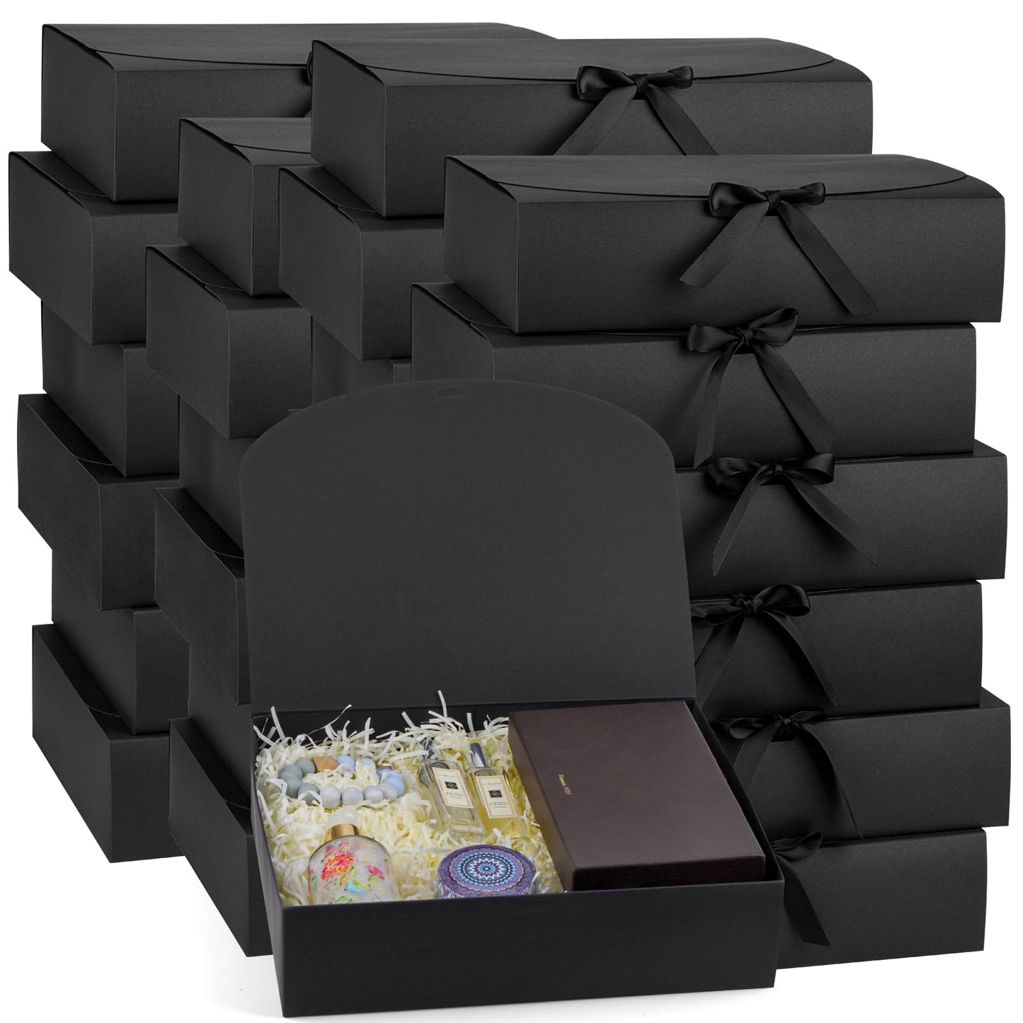24 Pack Gift Boxes with Lids, 12×9.8×3.1 Inch Groomsmen Proposal Box, Luxury Black Gift Box with Ribbon for Wedding, Packaging, Present, Birthday (Black)