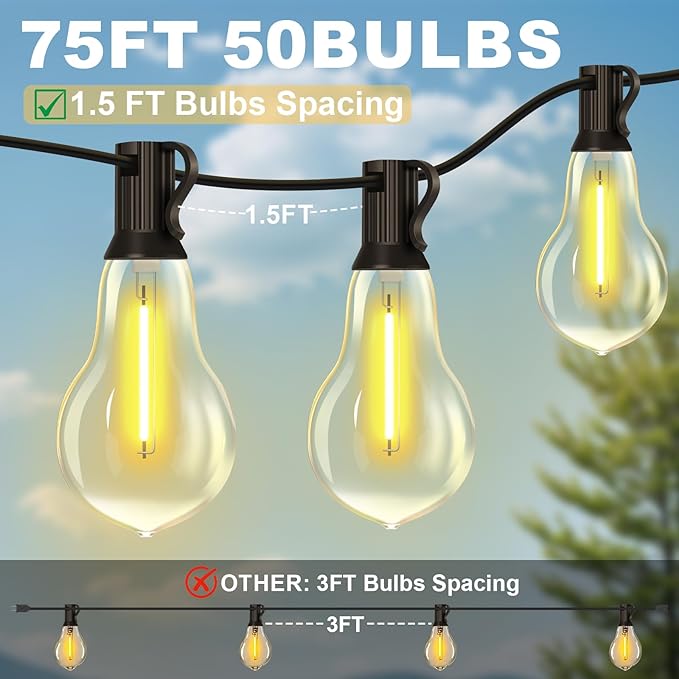 75FT Outdoor String Lights Waterproof with 50+4 Bulbs (1.5FT Bulbs Spacing), Remote & Dimmer, Commercial Patio String Lights with 3 Mode Light & Timing, 100PC Mounting Ties for Outside