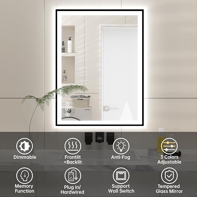 24x32 LED Bathroom Mirror with Lights, Black Aluminum Framed, Backlit + Front Lit, Lighted Bathroom Vanity Mirror for Wall, Anti-Fog, Memory Function, Dimmable, Shatterproof ETL Listed