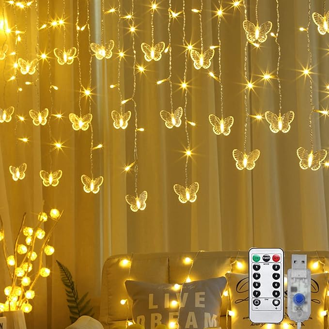Butterfly Curtain Fairy Light, 8 Modes 120 LED USB Window Firefly Twinkle Timer String Lights 24 Butterflies with Remote, Waterproof Copper Wire for Room Bedroom Christmas Wedding Party Dorm Patio