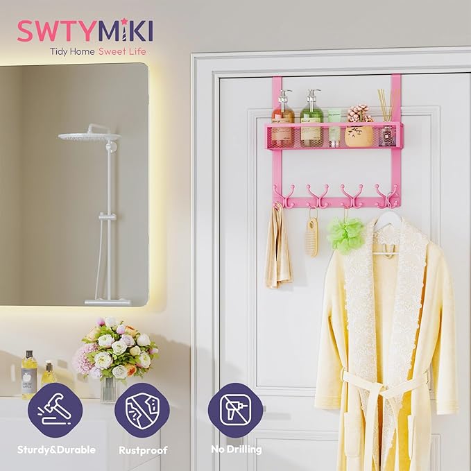 SWTYMIKI Over The Door Hook with 16 Hooks & Mesh Baskets - Heavy Duty Over The Door Organizer Hanger for Towels, Coats, Clothes - Space Saving Hanging Rack for Bathroom, Living Room, Pink