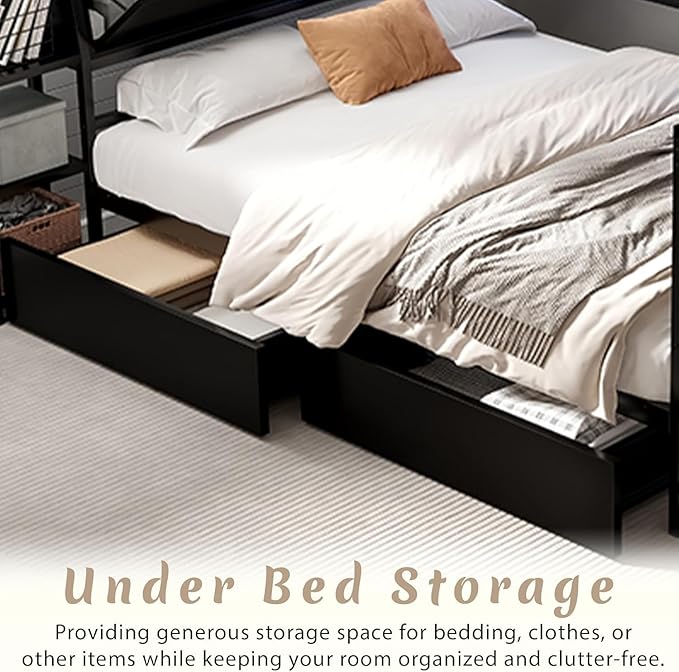 Twin Corner Bed Frame with Desk, LED Lights & Charging Ports, L-Shaped Daybed with Storage Drawers, Bookcase & Open Shelves, Modern Twin Size Daybed for Kids, Teens & Compact Bedrooms,Black