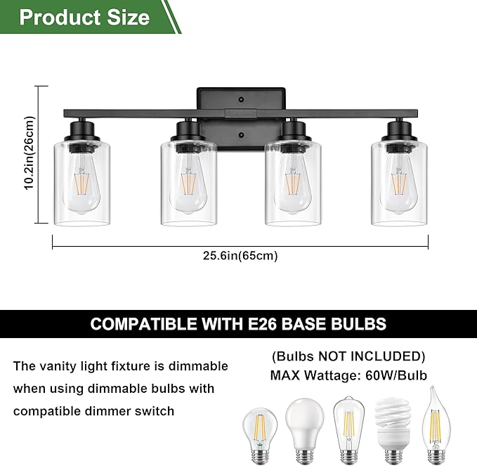 Ascher Bathroom Light Fixtures, 4-Light Vanity Lights with Clear Glass Shade, Modern Black Finish Wall Light for Mirror Bedroom Hallway Cabinet Porch