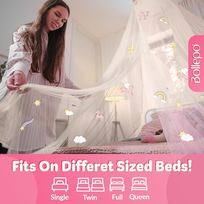 Bollepo Bed Canopy for Girls Bed with Glowing Stars - Princess Room Decor, Ceiling Net to Cover Toddler | Full, Twin Size Kids Bed Curtains, Fire Retardant Fabric (White - Unicorn)