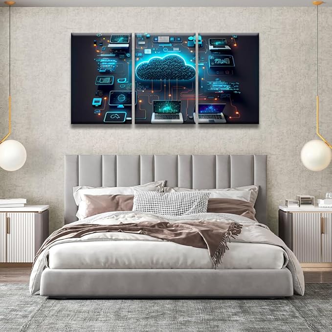 LSIUHWUWI Modern Wall Art for Living Room Cloud Technology Computing Smart Home Communication Laptop Pictures for Home Wall Decoration,Print On Canvas Wooden Framed Ready to Hang, 16x24inchx3