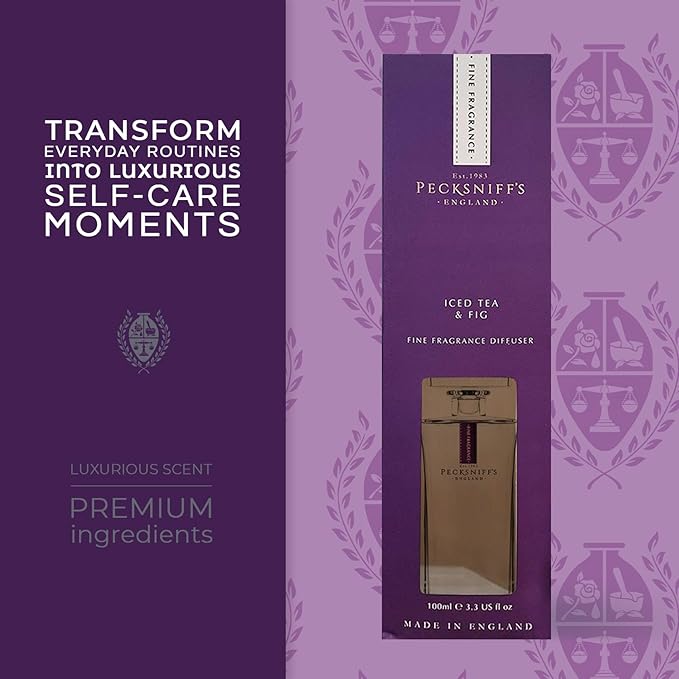 Pecksniff's Prestige 100 ml/3.3 fl oz Square Diffuser Set, Iced Tea & Fig Scent - Elegant, Refreshing, Floral Fragrance with Musk and Amber – Ideal for Home and Office Decor