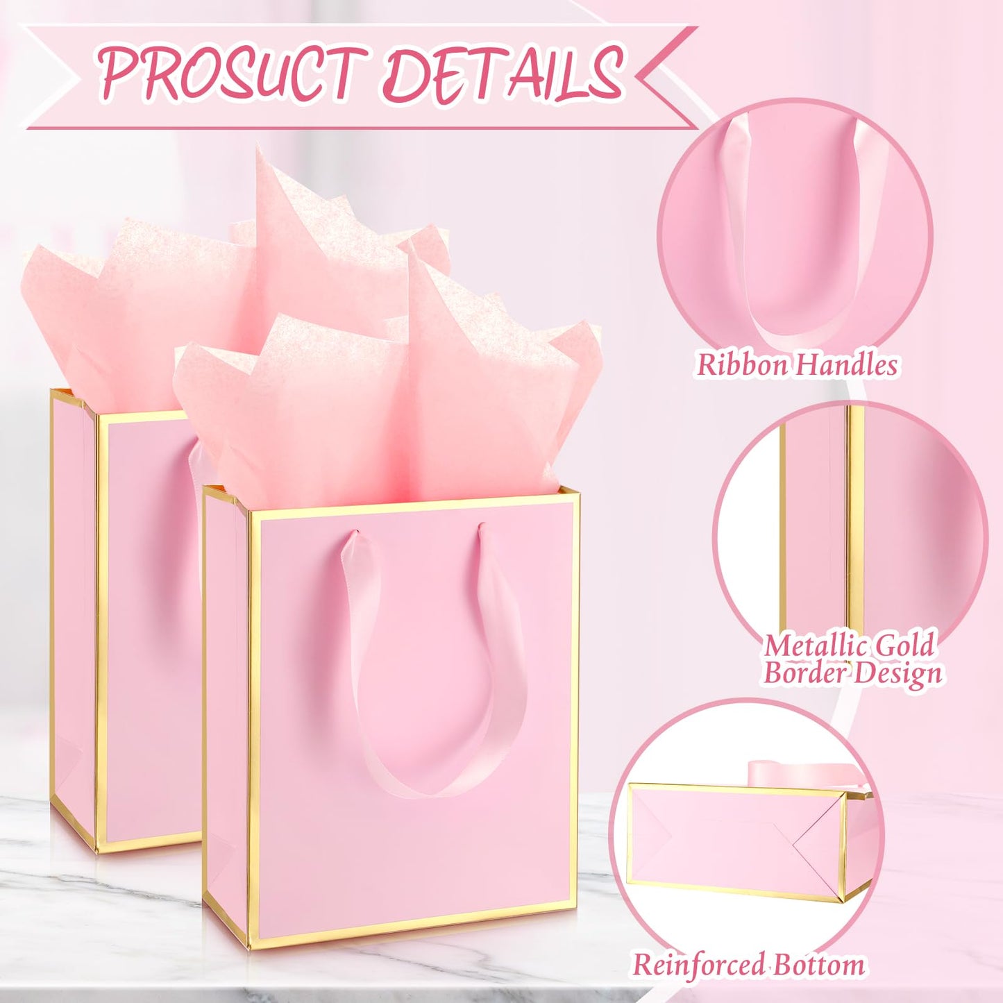 Yeaqee 24 Pack Metallic Paper Gift Bags with Handle and Tissue 9x7x3.1 Gold Foil Welcome Favor Bags Return Gifts for Wedding Fall 5 Senses Christmas Bridesmaid Birthday(Pink Gold)