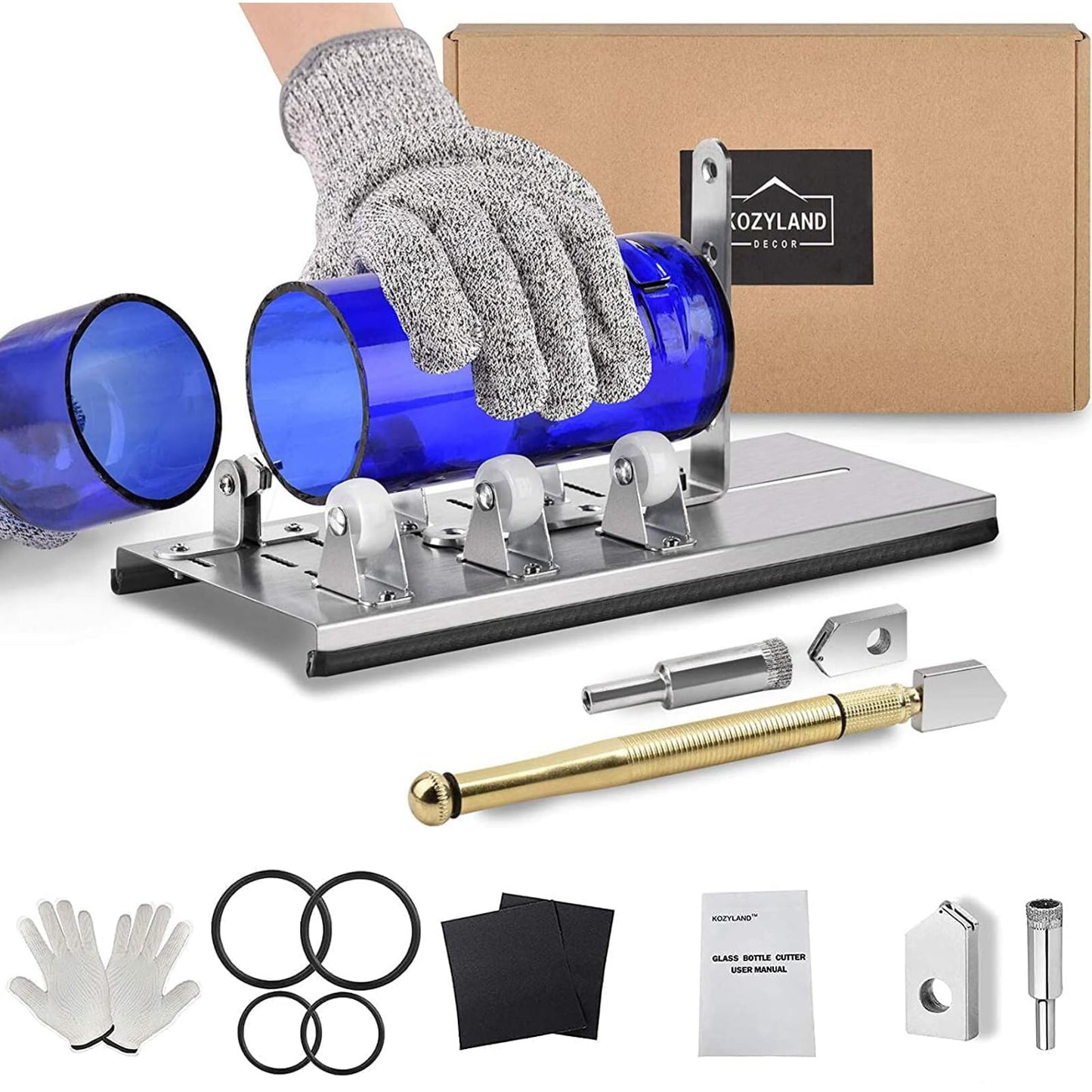 KOZYLAND Glass Bottle Cutter, Bottle Cutter & Glass Cutter Kit, Glass Cutting Tool DIY Kit for Cutting Wine, Beer Bottle or Jars to Craft Glasses for Round Bottle with Safety Gloves & All Accessories