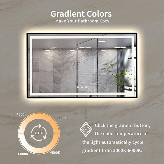 LED Mirror, 60x36 Inch Black Framed Gradient Front and Backlit Bathroom Mirror Black Frame, 3 Colors Dimmable CRI>90, IP54 Enhanced Anti-Fog Wall Mounted Bathroom Vanity Mirror
