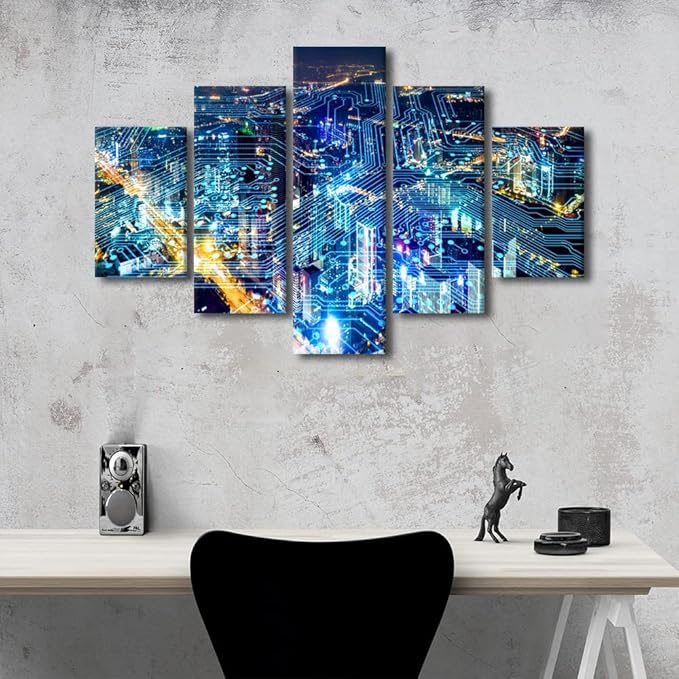 Canvas Art for Living Room Modern Internet Companies Corridor Decor 5 Panel Wall Art Internet Workers Meeting Room Wall Decoration Men Bedroom Poster Decorate Stretched Ready to Hang 60x40 Inch