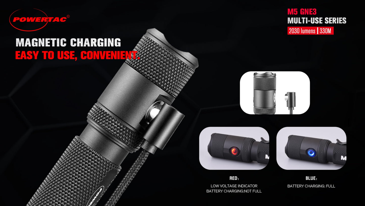 PowerTac M5-G3 2030 Lumens Rechargeable Tactical Flashlight, 330M Throw with Magnetic Charging and Dual Switch, LED Flashlight for Outdoor Emergency
