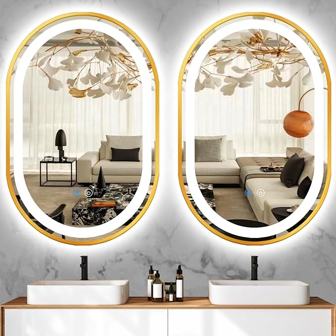 16 x 24 Inch Gold Oval LED Vanity Mirror with Lights Smart Memory 3 Color Dimmable Anti-Fog 24 Inch Gold Frame Oval Lighted Mirror for Bathroom Wall LED Ovals Mirror with Lights Golden Frame