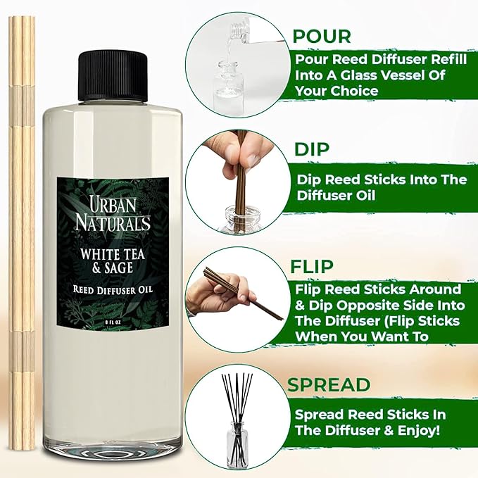 Urban Naturals Reed Diffuser Oil Refill White Tea Sage with Bergamot, Soft Herbal Notes 8 oz + Free Reed Sticks, Made in the USA