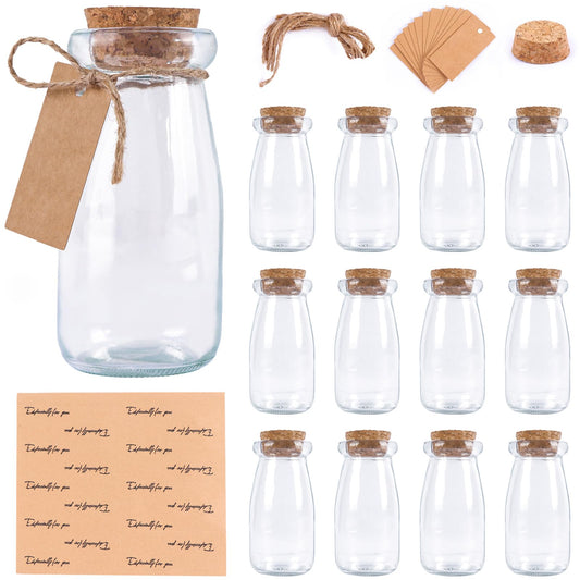 OurWarm 3.4oz Small Glass Jars with Lids, 12PCS Mini Glass Jars with Cork Twine Tags & Stickers, Versatile Potion Bottle Honey Spice Vials Candy Jars for DIY Crafts Birthday Wedding Gifts Party Favors