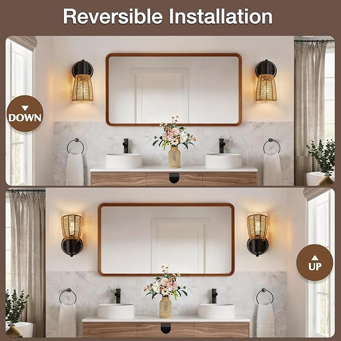 Boho Rattan Wall Sconces Set of 2 - Vanity Lights for Bathroom Farmhouse Wall Light Fixtures with Rotary Switch - Black Indoor Wall Mount Lighting Rustic Lamp for Bedroom Living Room Hallway