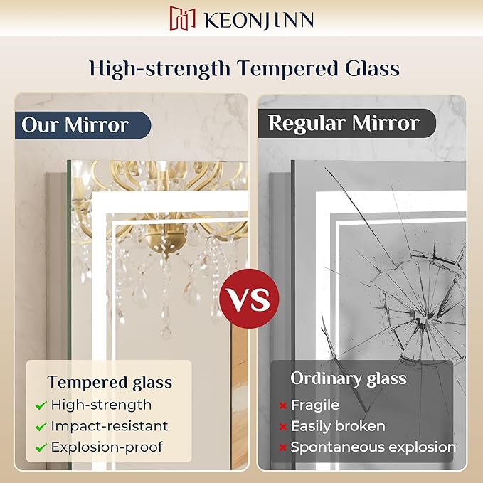 Keonjinn LED Mirror for Bathroom 22" x 30" with Frontlit and Backlit, Stepless 3 Colors Temperature & Dimmable Lighted Wall Mirror, Double LED Strips & UL Listed Driver, Anti Fog Mirrors with Light