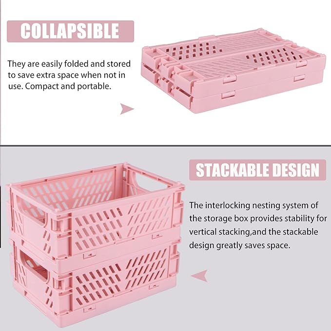 Tixill 2-Pack Mini Foldable Plastic Baskets for Organizing and Storage, Collapsible Storage Crate for Home Kitchen Bedroom Bathroom Office (5.9x3.8x2.2, Pink)