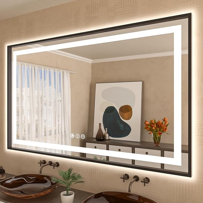 Amorho LED Bathroom Mirror, 60" X40" Framed Front Light and Backlit Mirror, Stepless Dimmable, Anti-Fog, Shatter-Proof, Memory, 3 Colors, Double LED Vanity Mirror