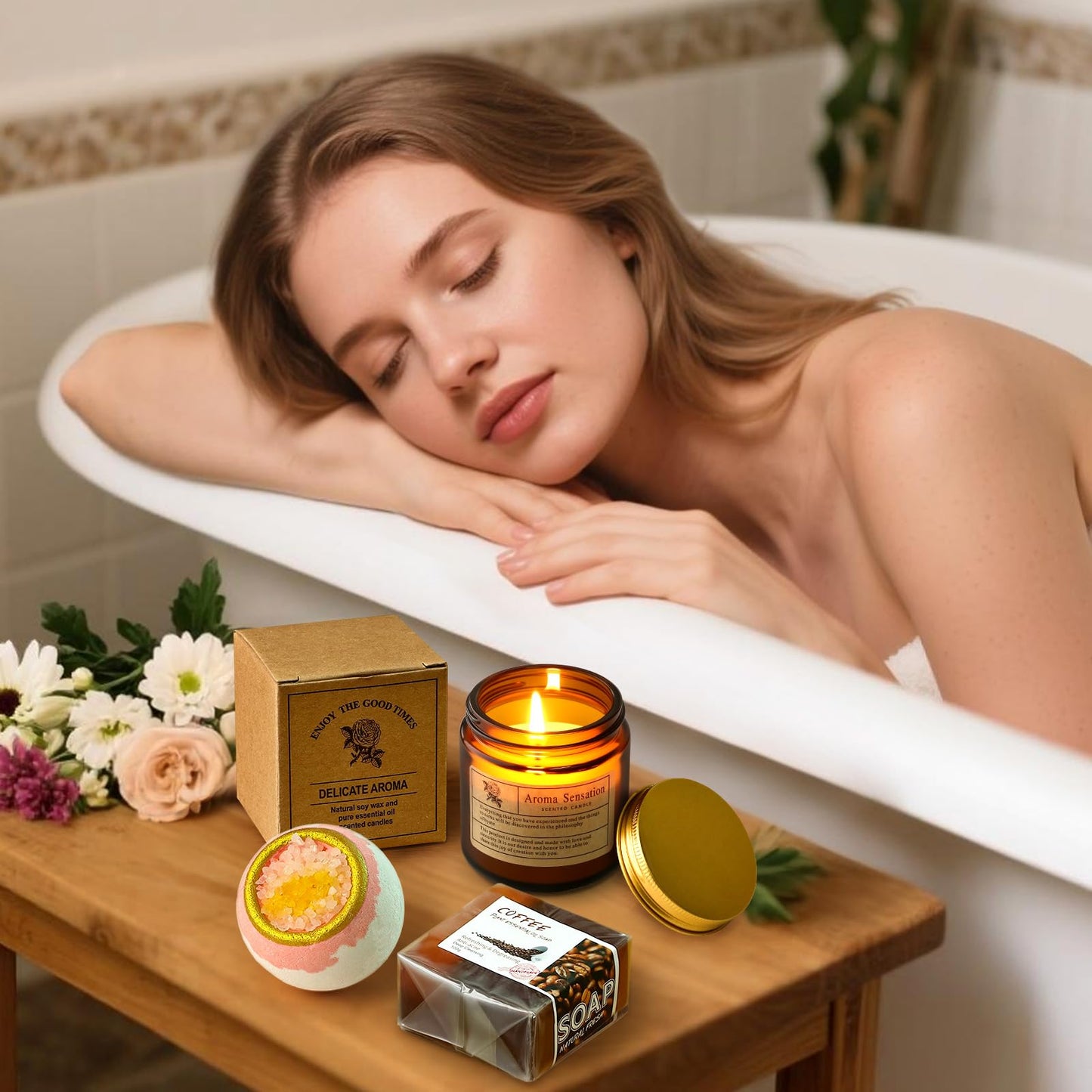 Golray Spa Gift Set for Women, Brown Relaxing Bath Gift with Coconut Mug & Coffee Soap, Women Care Package Get Well Soon Gift, Unique Mothers Day Gifts Idea for Mom Her Friends Sister Wife