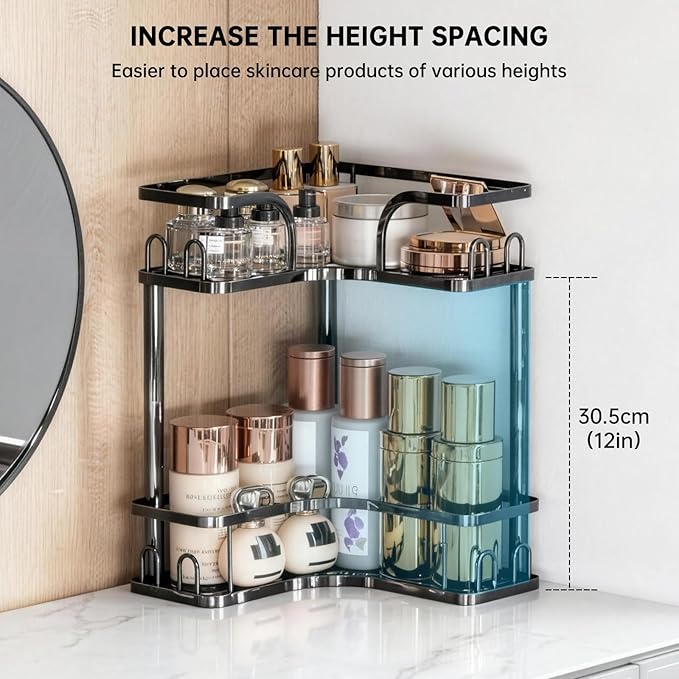 2-Tier Corner Bathroom Counter Organizer, Space Saving Black Vanity Countertop Shelf for Toiletries, Skincare & Makeup, Sturdy Stainless Steel Standing Rack for Bathroom Storage & Kitchen Spices