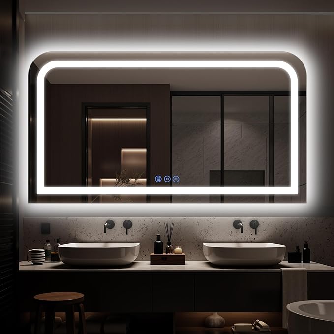 LED Bathroom Mirror, 60"x 30" LED Mirror with Lights for Bathroom, Lighted Vanity Mirrors for Wall, Anti-Fog, Dimmable, Tempered Glass, Memory Function, 3 Colors, Safe Use (White)
