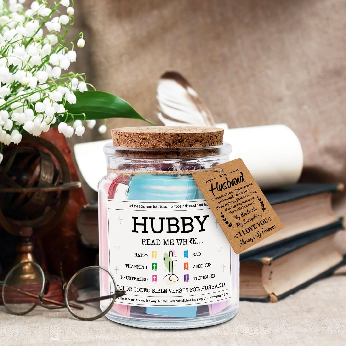 NewEleven Gifts For Husband - Husband Birthday Gift, Christian Gift For Him, Husbands - Anniversary Present For Him Hubby From Wife, Her - Decorative Glass Scripture Jar With 92 Bible Verse