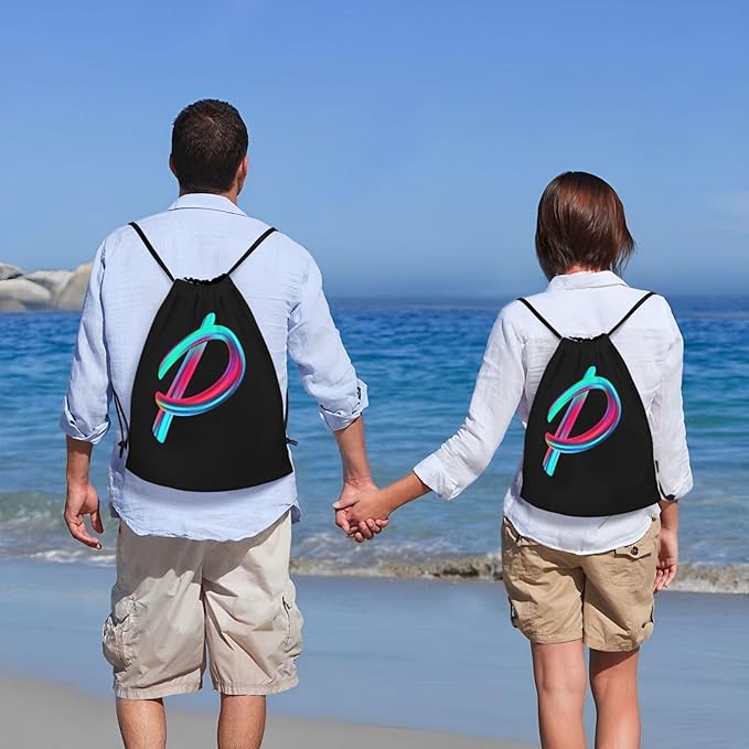 Drawstring Bags Initial Drawstring Backpack Sackpack Black Draw String Cinch Bags for Sports, Gym, Travel, Swimming, Beach, Camping, Rainbow Letter P