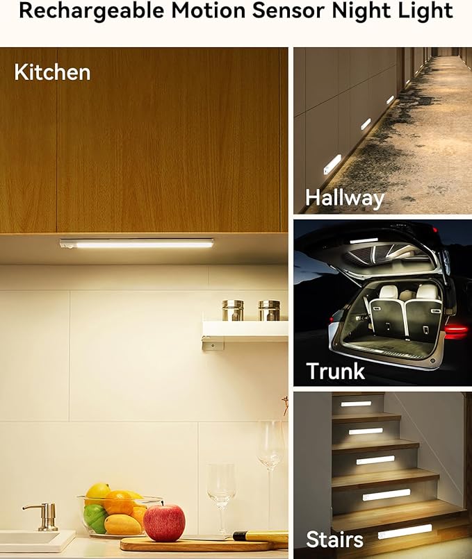 6-Pack Under Cabinet Lighting with Charging Station 12 in Rechargeable Motion Sensor Light Indoor, 3 Color Dimmable Closet Light Battery Operated, USB Stick on LED Magnetic Lights for Kitchen