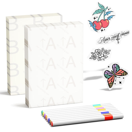Phomemo TK41 Temporary Tattoo Maker Paper Refill Pack, Includes 30psc Tattoo Papers & 30psc Transfer Papers with 8 Coloring Markers - Temporary Tattoos Stickers for Adult, Boys & Girls