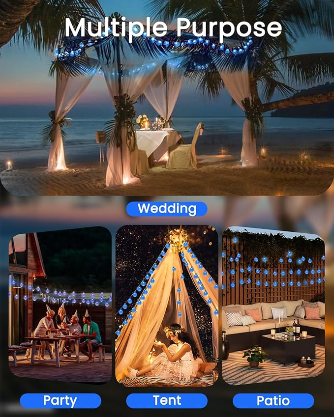 LORRYTE 2-Pack 120 LED Blue Solar String Lights Outdoor - 72FT Crystal Globe Waterproof Solar Powered Patio Lights for Outside with 8 Lighting Modes for Garden Yard Party Porch Decorations