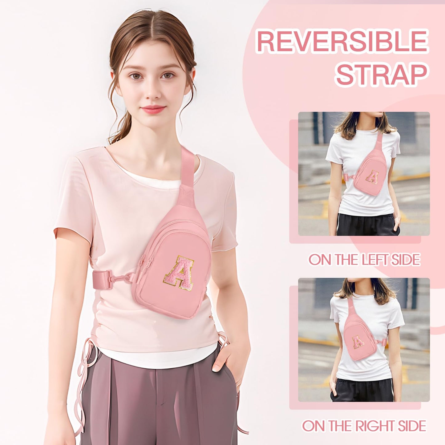Viverte Gifts for Teen Girls 3-11 Year Olds - Personalized Preppy Initial Sling Bag (Light Pink-A)