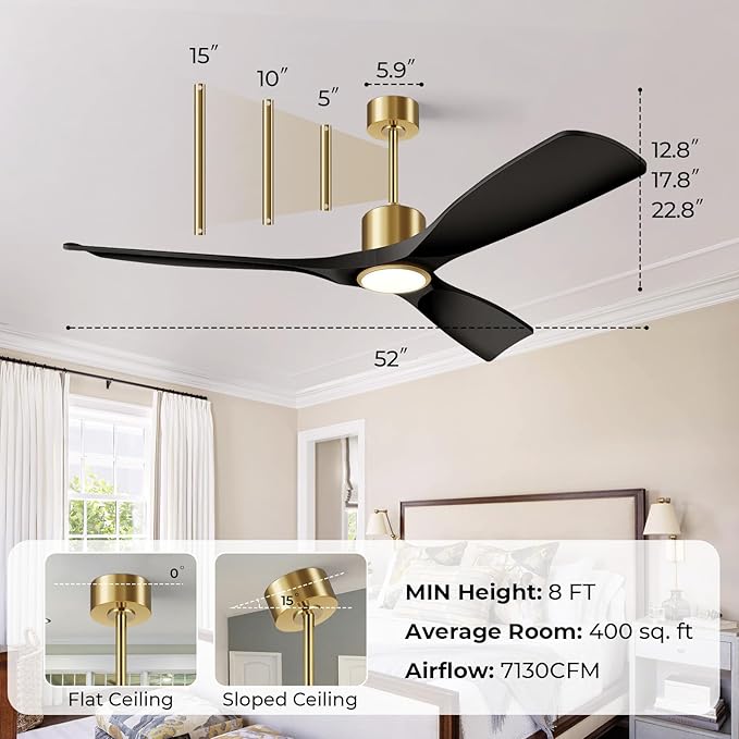 Ceiling Fan with Light and Remote Control, 52" Outdoor Ceiling Fan for Patios, Bedrooms & Living Rooms - Matte Black & Gold