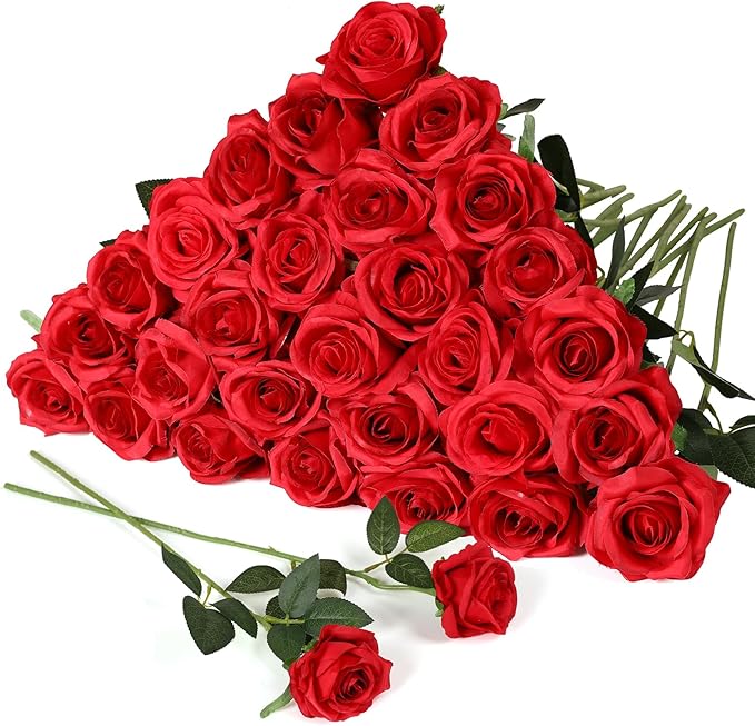 JUSTOYOU 30PCS Artificial Roses Silk Flowers in Bulk, Realistic Red Fake Roses for Wedding Decorations, Home Decor, Centerpieces, Indoor Floral Arrangements