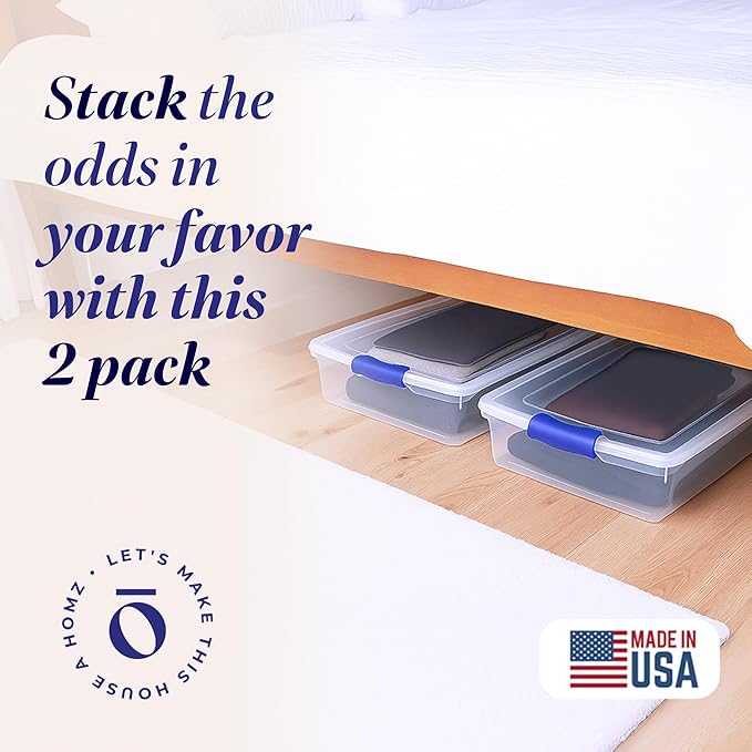 HOMZ 2-Pack Under Bed Storage, Clear Plastic Containers with Lids, 60 Quart, Blue Latch - Stackable Underbed Organizer Bins for Shoes, Bags, Clothes, and Towels