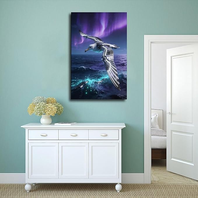Framed Steampunk Mechanical Seagull Wall Art - Aurora Ocean Retro Poster for Bedroom Game Room Decor 12x18inch(30x45cm)