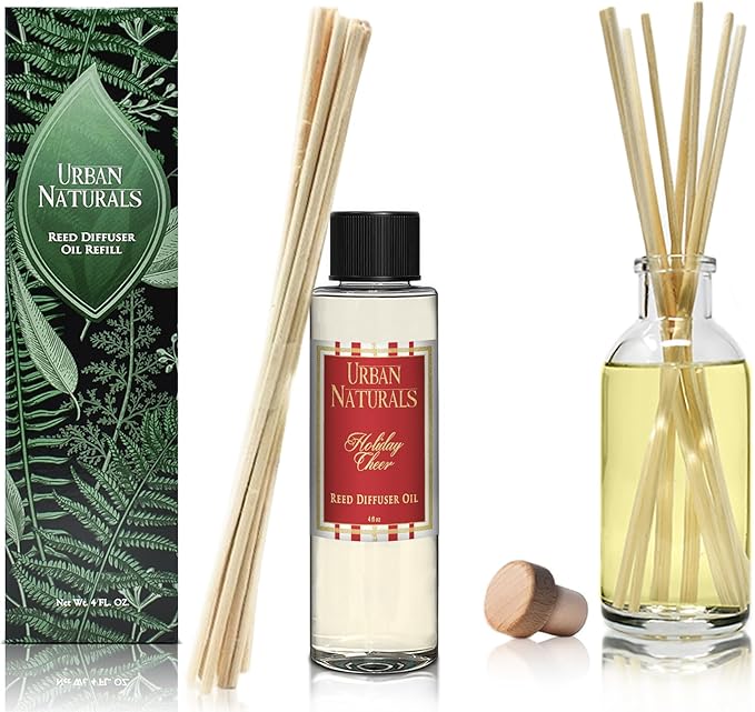 Urban Naturals Reed Diffuser Oil Refill, Holiday Cheer Diffuser Oil with Cranberry, Cinnamon, Evergreen, 4 oz + Free Reed Sticks, Made in the USA
