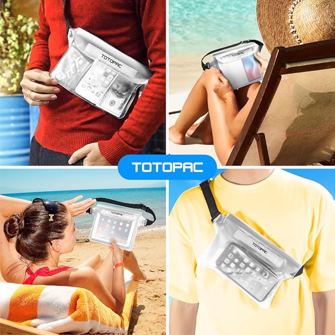 2-Pack Waterproof Fanny Pack, Phone Pouch with Waist Strap, 9x6.7 Inch Dry Bag for Phone, Cash, and Valuables – for Swimming, Kayaking, Boating, Snorkeling, and Water Sports (2, White + White)